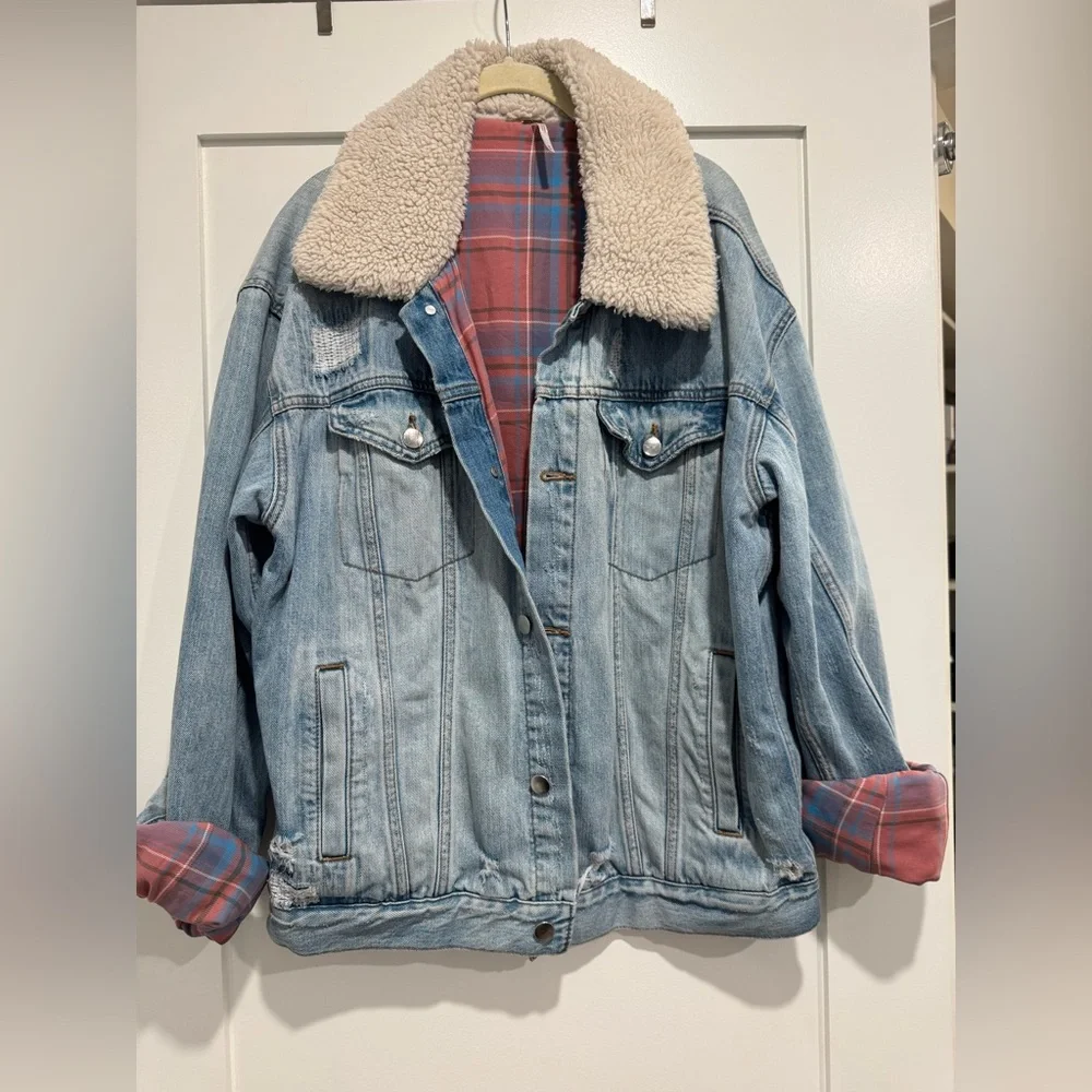 Free People Sherpa Fleece Collar Denim Jacket Plaid Lining - Picture 7 of 9